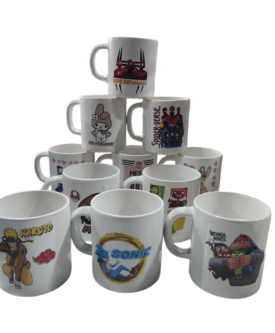 A.TAZAS CERAMICA MOTIVO TV PERSONAJES MESSI  CAPIBARA INTENSAMENTE MARIO SONIC 300CC