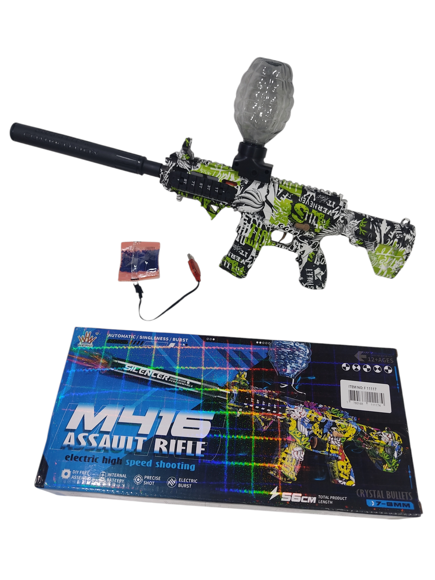 J.AMETRALLADORA HIDROGEL AK47 CAJA MIRA INFRAROJA+ANTEOJOS SILENCIADOR ARMA AUTOMATICA BAT