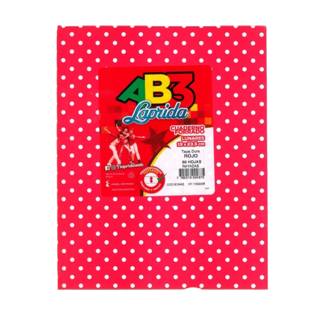 CUADERNOS LAP.LUN.R AB3 X50H. ROJO RAYADO LUNARES 19X23CM