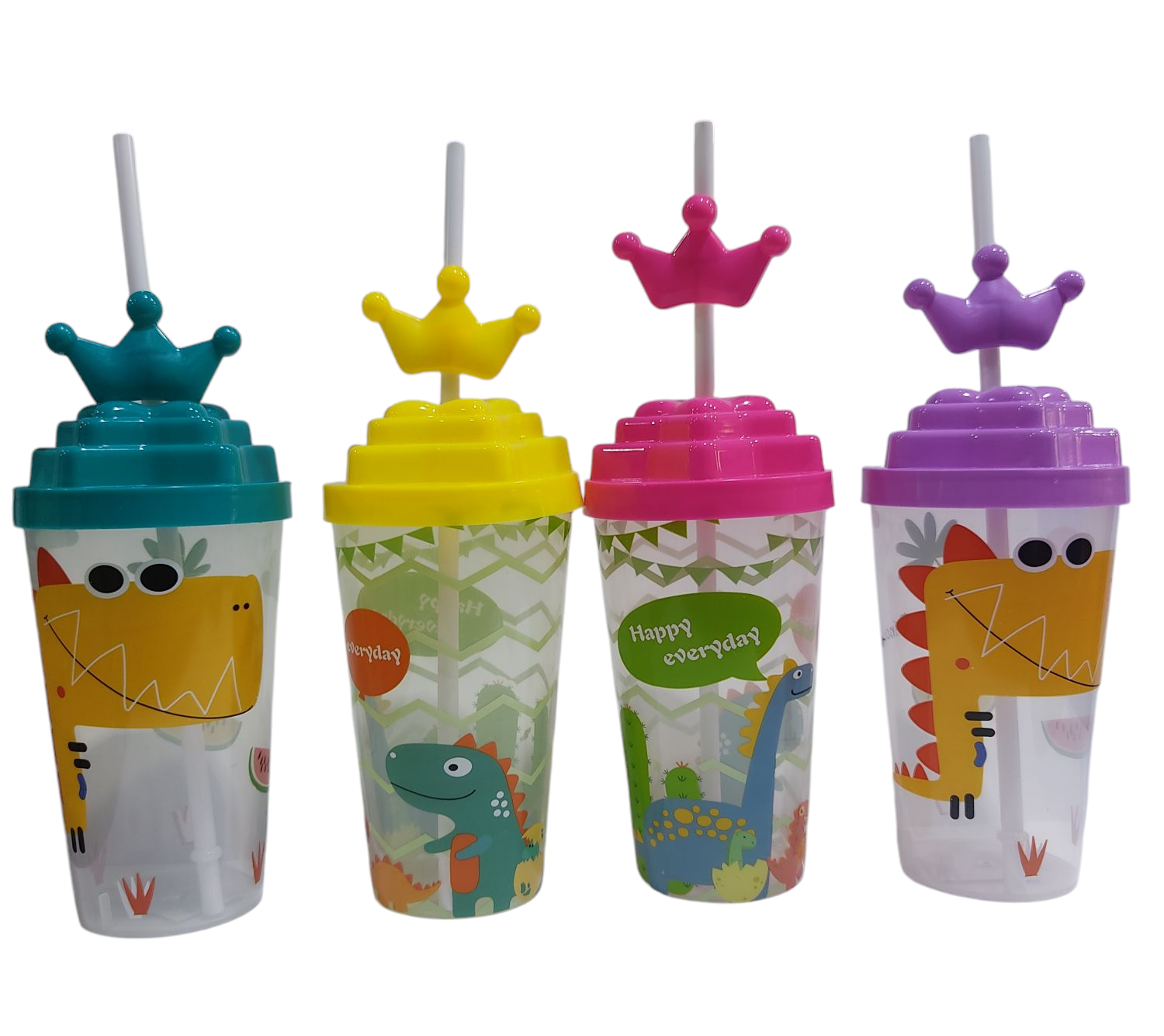 KK VASOS 20CM C/TAPA Y SORBETE NS230229 INFANTILES DECORADOS DINOSAURIOS